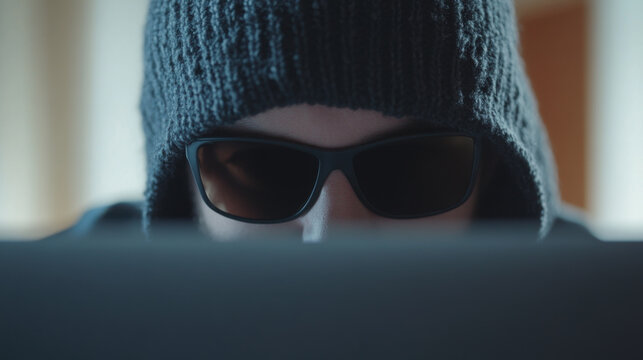 mysterious figure wearing beanie and sunglasses is intently focused on laptop screen, creating atmosphere of intrigue and suspense. dim lighting adds to sense of secrecy and tension in scene - Powered by Adobe