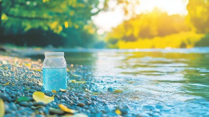 Sparkling water jar by the riverbank nature scene tranquil setting