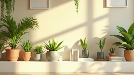 A well-lit interior with various potted plants in terracotta and ceramic pots, arranged on a ledge against a pale wall.

