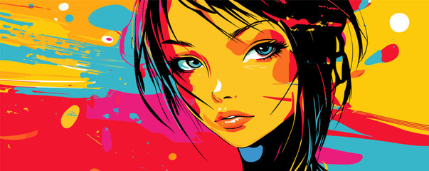 Naklejka premium Colorful abstract portrait of a young woman with vibrant background in modern art style.