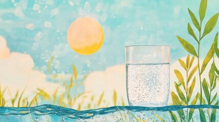 Refreshing glass of water by sunny day nature scene illustration