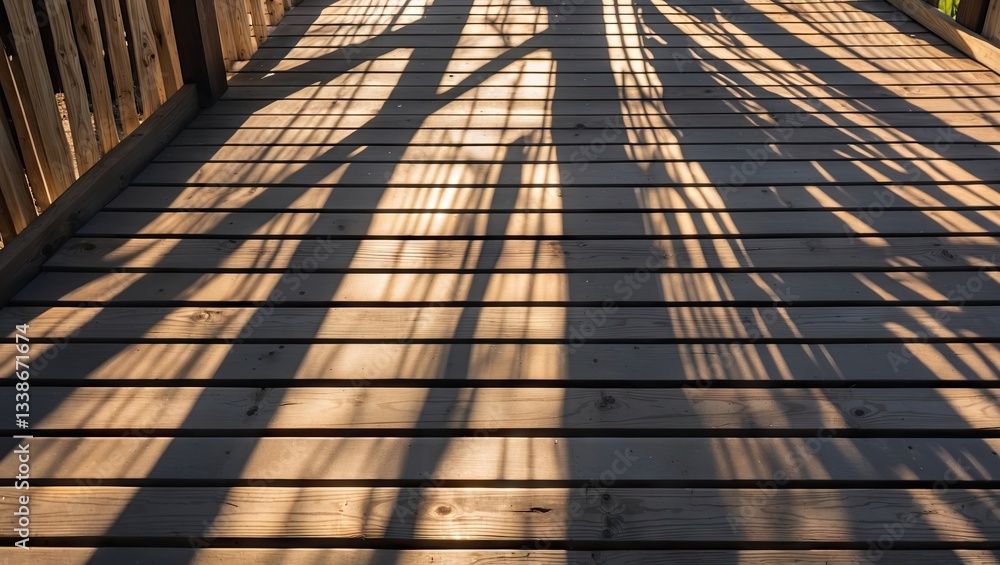 Poster sunlight casting intricate shadows on wooden walkways with a warm golden hue, creating a textured pa