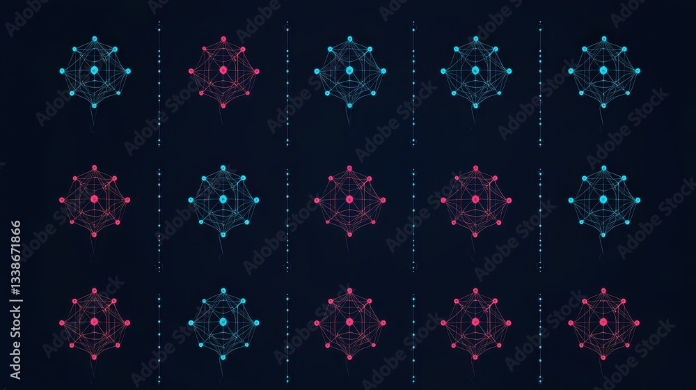 Poster abstract geometric pattern with interconnected nodes in pink and blue against a dark background for 