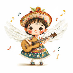 Charming angel girl with white wings with brown hair in folk costume and sombrero, holding guitar