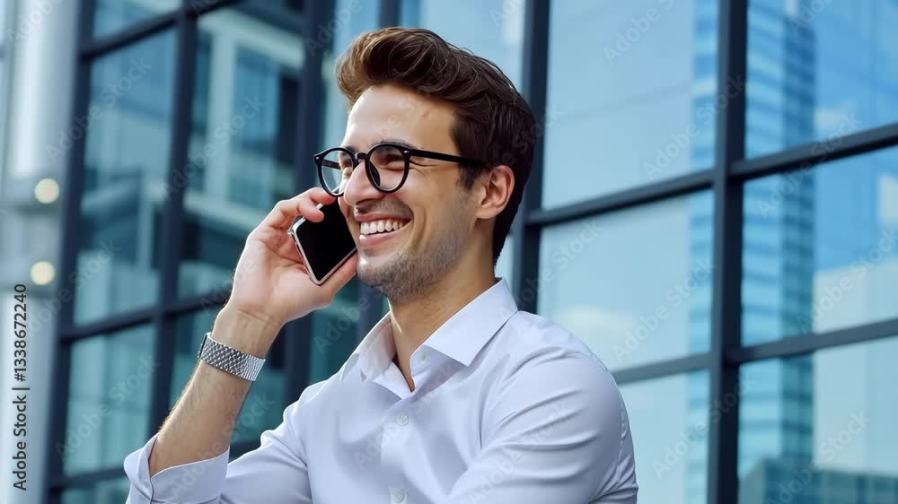Poster a smiling young man in glasses is sitting confidently while talking on his smartphone. the backgroun