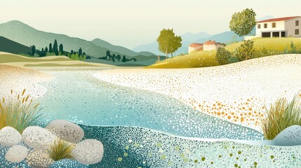 Flowing river through lush landscape idyllic location digital art