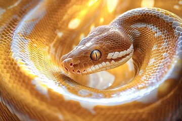 Fototapeta premium Golden snake is coiled tightly, its scales shimmering in warm light, creating a mesmerizing display of color and texture, while its intense gaze captures attention