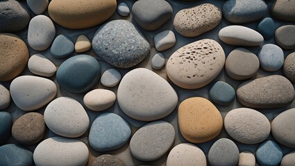 Smooth round pebbles in varying neutral tones of beige, gray and blue arranged in a flat design on a beach background evoking relaxation and tranquility.
