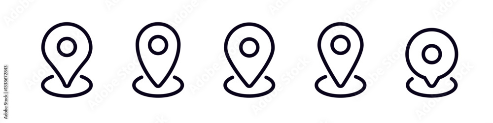 Poster five similar location pins in a straight line for indicating positions in navigation applications.