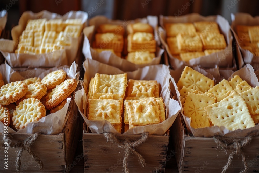 Poster rustic display of assorted artisan cookies in wooden crates at a bakery with warm lighting and detai