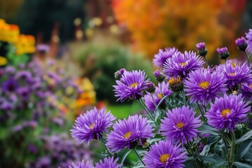 Obraz premium Colorful Asters Bloom Amidst Vibrant Autumn Foliage in a Garden Setting Generative AI