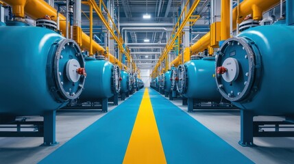 Industrial facility with blue pipes and yellow lines in a modern manufacturing setting with advanced machinery and systems