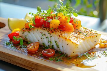 Food photography grilled fish with tomato salsa for outdoor dining