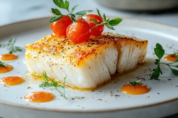 Culinary delight grilled fish with tomatoes kitchen food art close-up