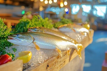 Fresh fish display at seafood market vibrant environment culinary art