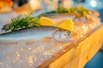 Fresh fish display at market culinary showcase vibrant environment
