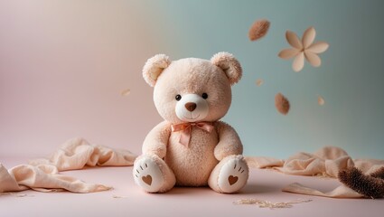Obraz premium Cozy soft teddy bear in pale pink and blue pastel background with delicate flower petals surrounding it, creating a serene and playful atmosphere