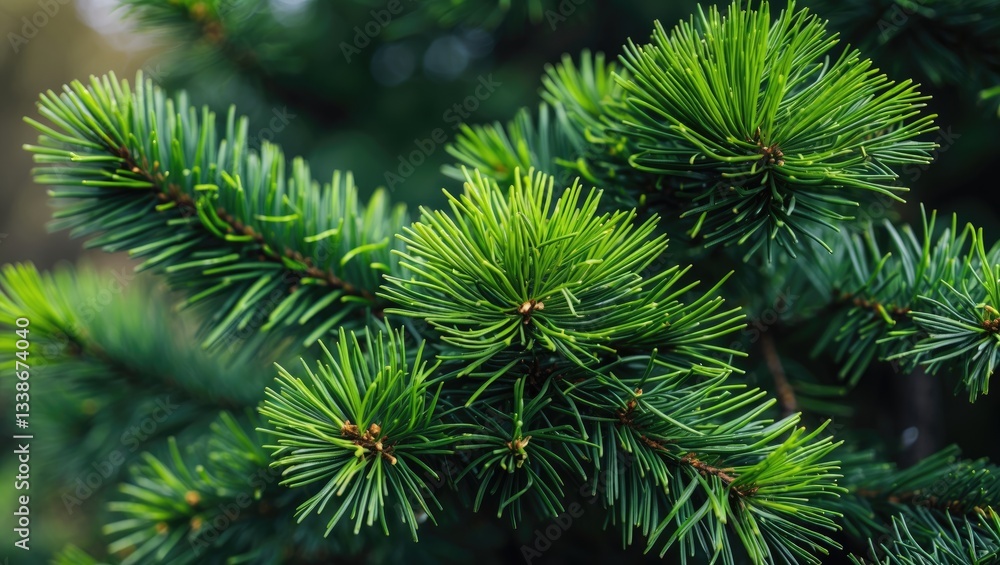 Poster vibrant green spiky fir tree branches with sharp needle-like foliage densely clustered on a blurred 