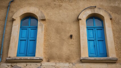 Weathered yellow wall with two arched blue window shutters on a rustic building, showcasing vintage architectural charm and contrasting colors.
