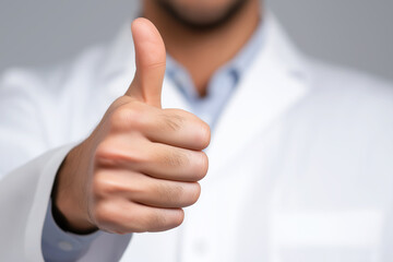 Medical professional giving thumbs up in clinical setting while dressed in lab coat