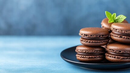 A delightful array of chocolate macarons garnished with fresh mint leaves, showcasing an irresistible dessert that invites indulgence and appreciation for beauty.