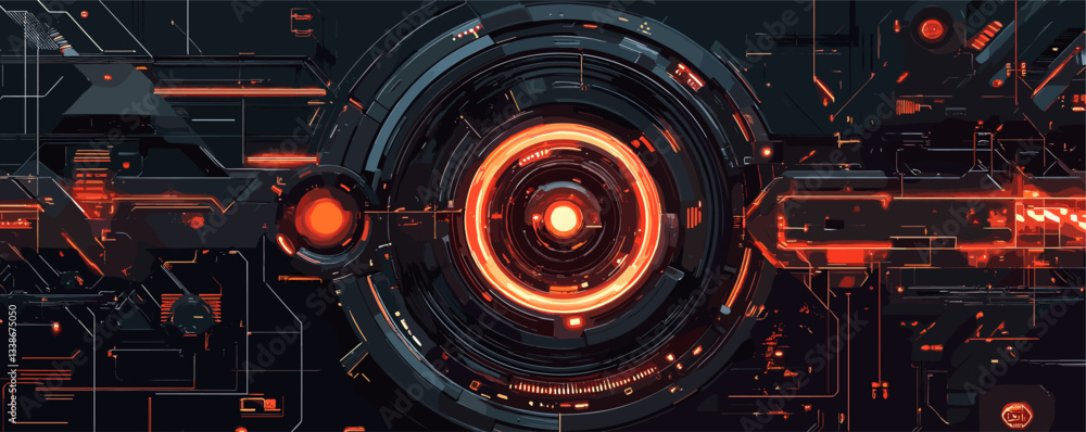 Aufkleber futuristic digital interface with glowing red and black sci-fi circular patterns.