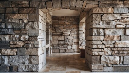 Rustic stone wall interior with varying shades of gray and beige, featuring a spacious archway and textured columns, creating a warm ambiance.