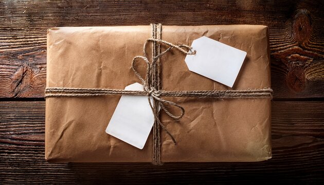 Brown Parcel Wrapped in String With Blank Tags Resting on Wooden Table