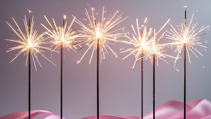 Festive sparkler display on black sticks against a pastel background with pink waves, illuminating joy for New Year celebrations in soft focus.