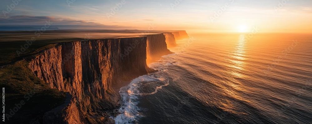 Poster seaside cliffs landscapes idea. stunning sunset over rugged cliffs, illuminating the sea and creatin