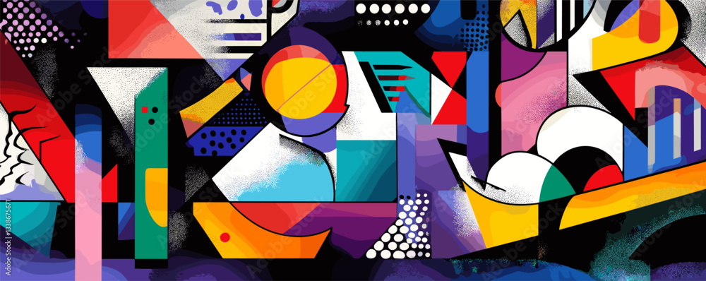 Poster colorful abstract geometric art with dynamic shapes, lines, and patterns.