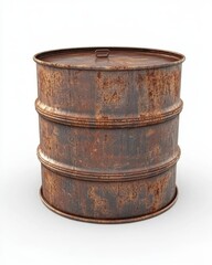 Fototapeta premium Isolated weathered rusty barrel on white background with industrial decay and aged texture