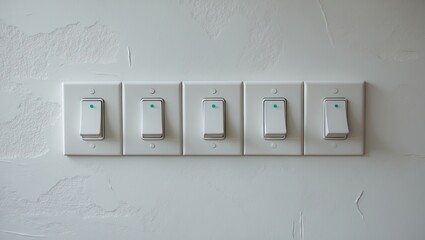 White wall with five white light switches arranged horizontally, showcasing a minimalistic design and clean lines, ideal for modern interior themes.
