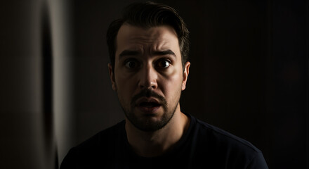  man with startled expression and defensive posture displays unmistakable fear in a tense moment.