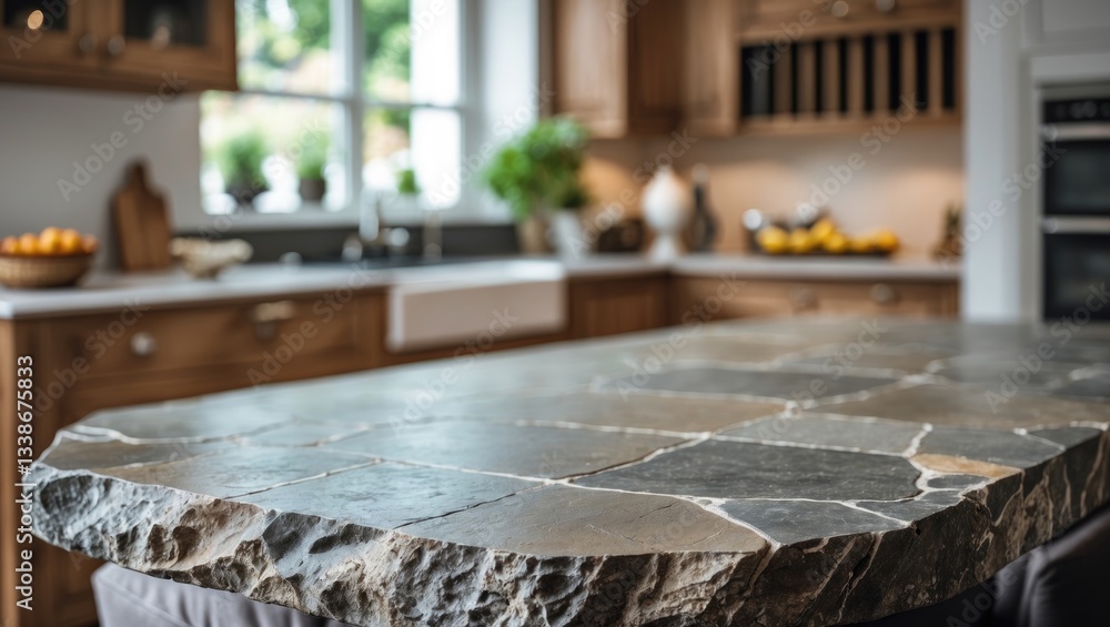 Poster stone table top with a textured dark gray surface prominently displayed in the foreground against a 