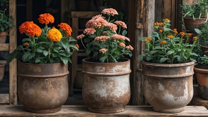 Rustic metal flower pots with vibrant orange and pink blooms arranged in a row on a wooden surface against a weathered wooden backdrop.