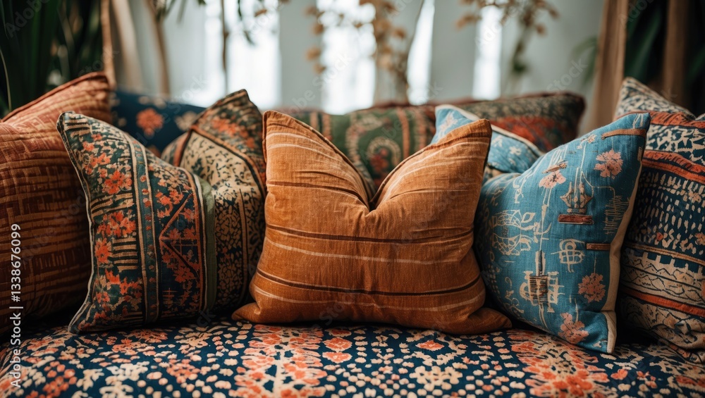 Poster warm-toned u-shaped cushions in various textures arranged on a vibrant patterned fabric backdrop ill