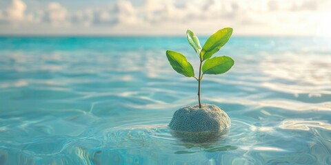 New growth emerges tranquil ocean waters and nature's close-up