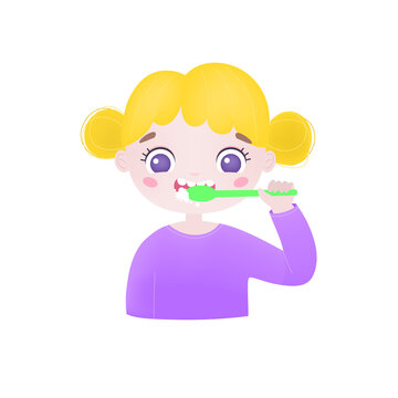 Little cute girl brushing teeth. Flat illustration isolated on white background