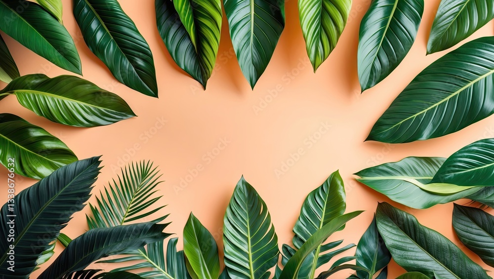 Poster tropical green leaves arranged in a circular pattern on a soft pastel orange background creating a s