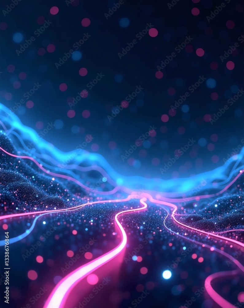 Poster glowing neon lines and dots, creating a futuristic digital landscape