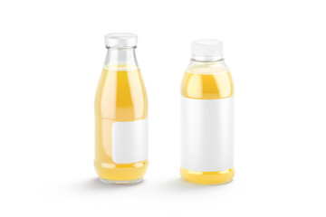 Blank transparent 16 oz plastic and glass pineapple juice bottle mockup
