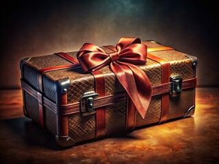 Vintage Suitcase Piggy Bank with Ribbon & Bow - Night Photography Stock Photo