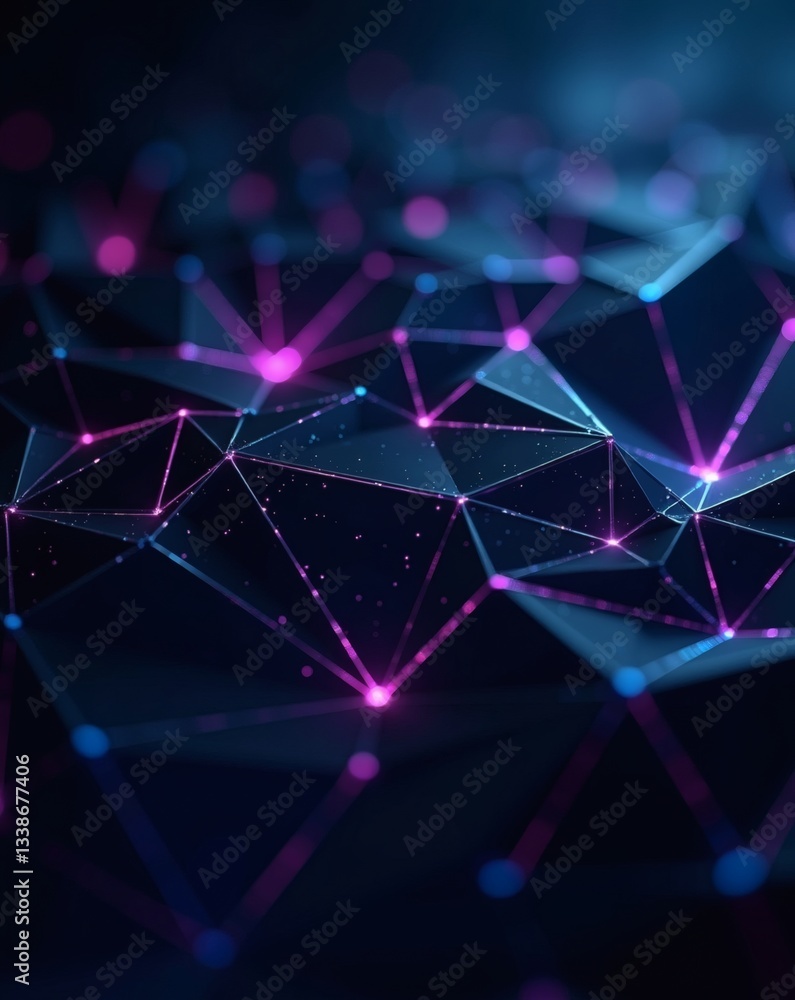 Poster a close-up view of a network of connected lines and dots in shades of blue and purple, suggesting data flow. It evokes a sense of technological advancement and interconnectedness.