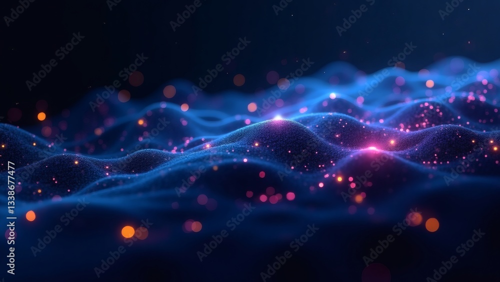 Poster an abstract illustration with glowing particles creating a digital landscape, suggestive of data flo