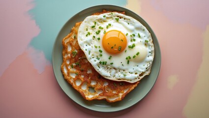 Fried egg with vibrant yellow yolk topped with green onions on a textured beige plate resting on a pastel pink and blue background.