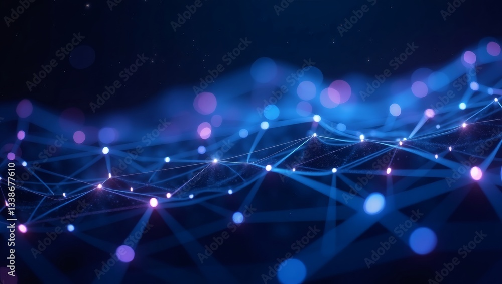 Poster abstract illustration of a digital network with glowing nodes and connecting lines. This image represents the interconnectedness of data and technology