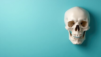 A detailed and realistic human skull is presented against a striking blue background, symbolizing introspection, mortality, and the beauty of human anatomy.