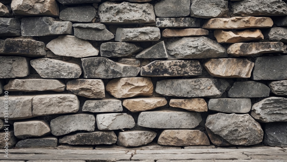 Poster textured stone wall display with varying shades of gray and beige stones, arranged in a horizontal p