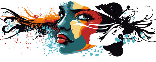Colorful abstract portrait of a woman with flowing hair and expressive eyes.